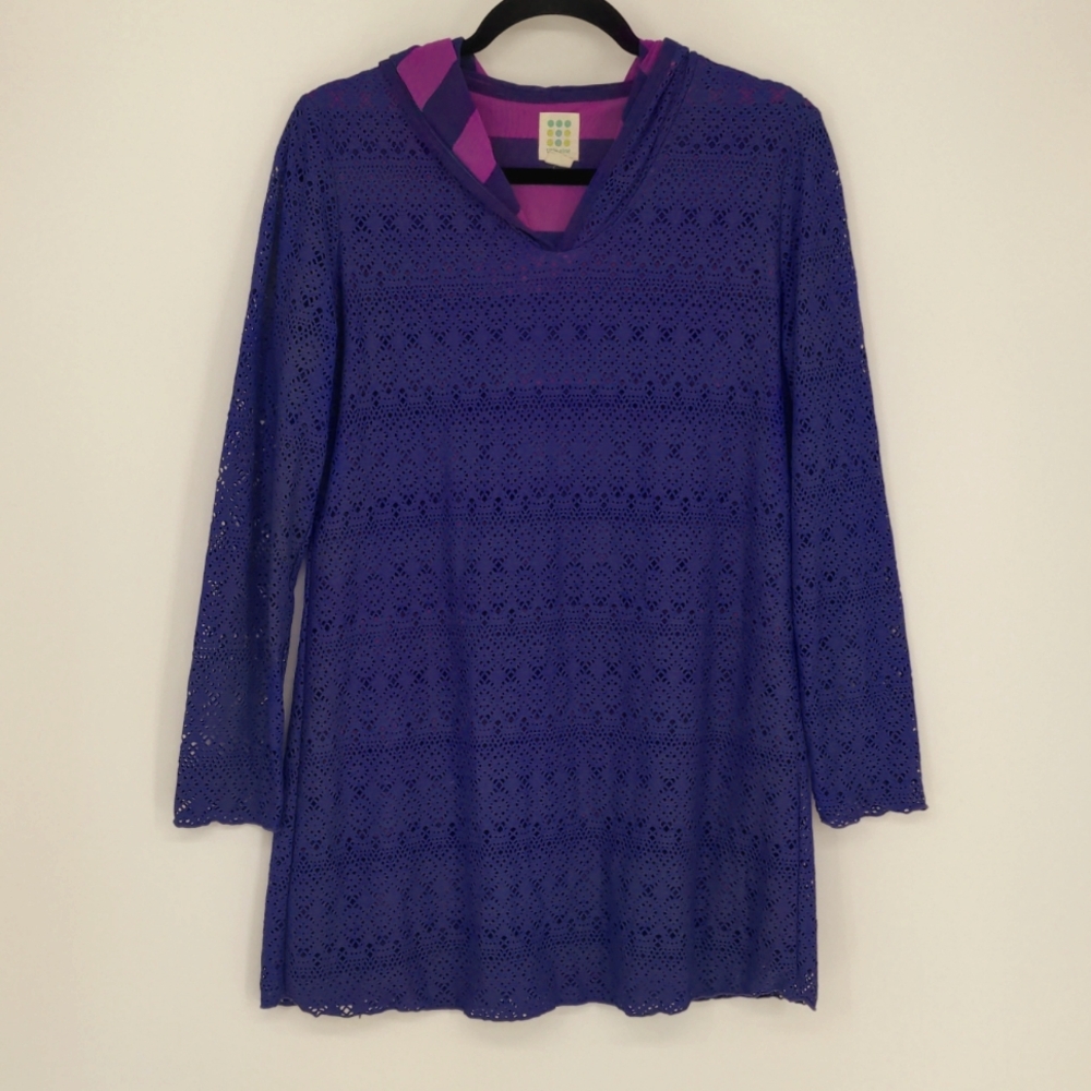 Title Nine Women's Tunic Shirt Size Medium Purple Long Sleeve‎ Hood Eyelet Lined